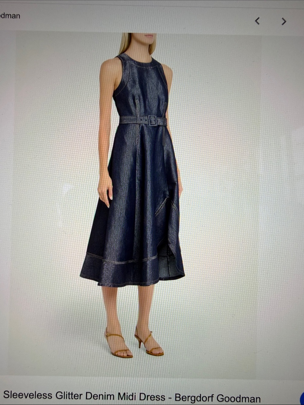 Sleeveless Cinq A Sept Blue silver shimmering Denim Belted Midi Dress